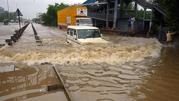 A flooded highway after heavy rains in Ambala